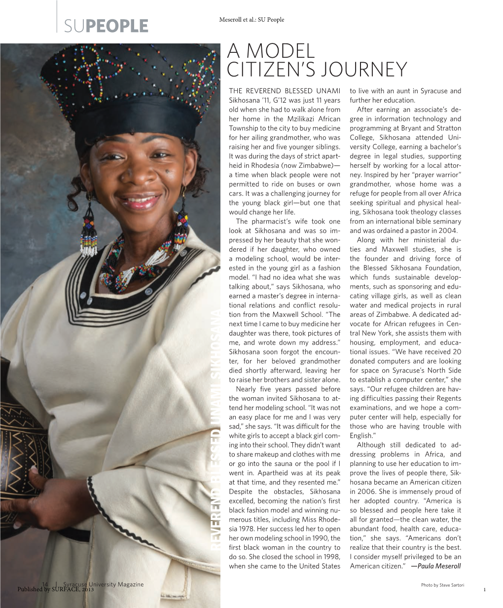 SU People a Model Citizen’S Journey the Reverend Blessed Unami to Live with an Aunt in Syracuse and Sikhosana ’11, G’12 Was Just 11 Years Further Her Education