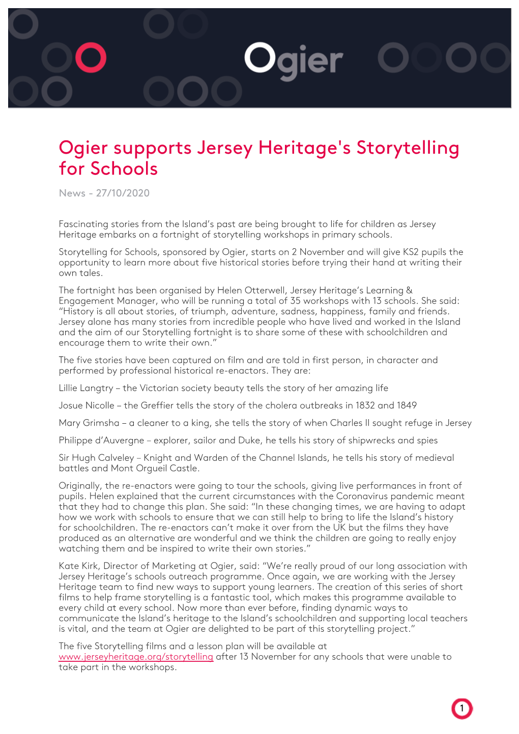Ogier Supports Jersey Heritage's Storytelling for Schools News - 27/10/2020