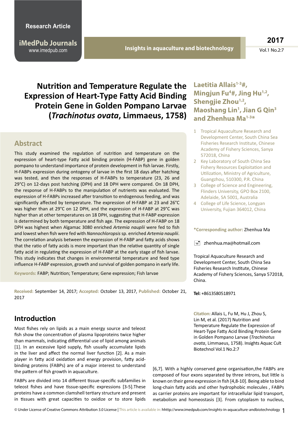 Nutrition and Temperature Regulate the Expression of Heart-Type Fatty Acid Binding Protein Gene in Golden Pompano Larvae (Trachi