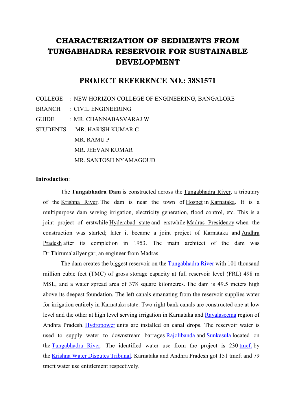 Characterization of Sediments from Tungabhadra Reservoir for Sustainable Development