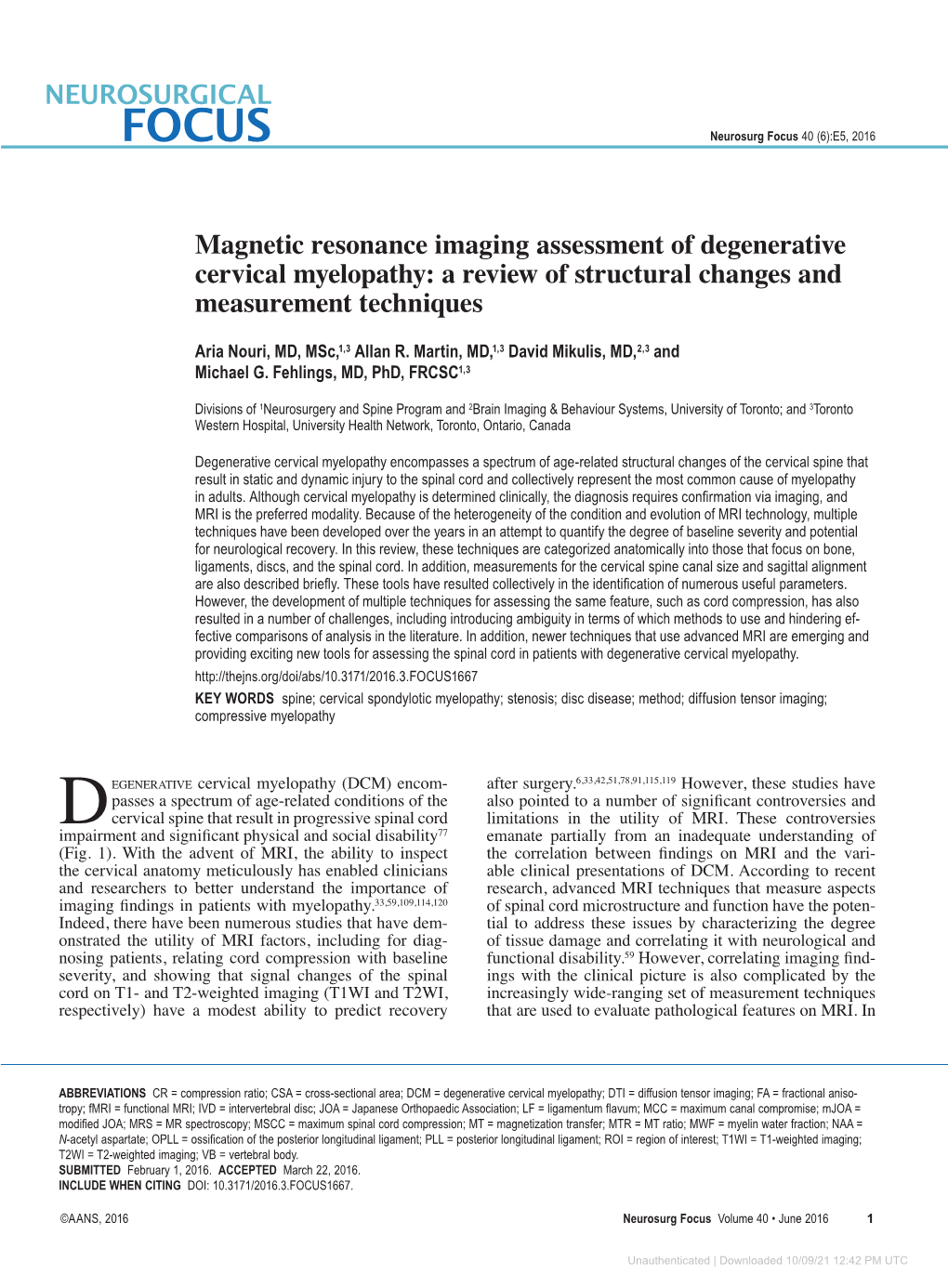 Magnetic Resonance Imaging Assessment of Degenerative Cervical Myelopathy: a Review of Structural Changes and Measurement Techniques