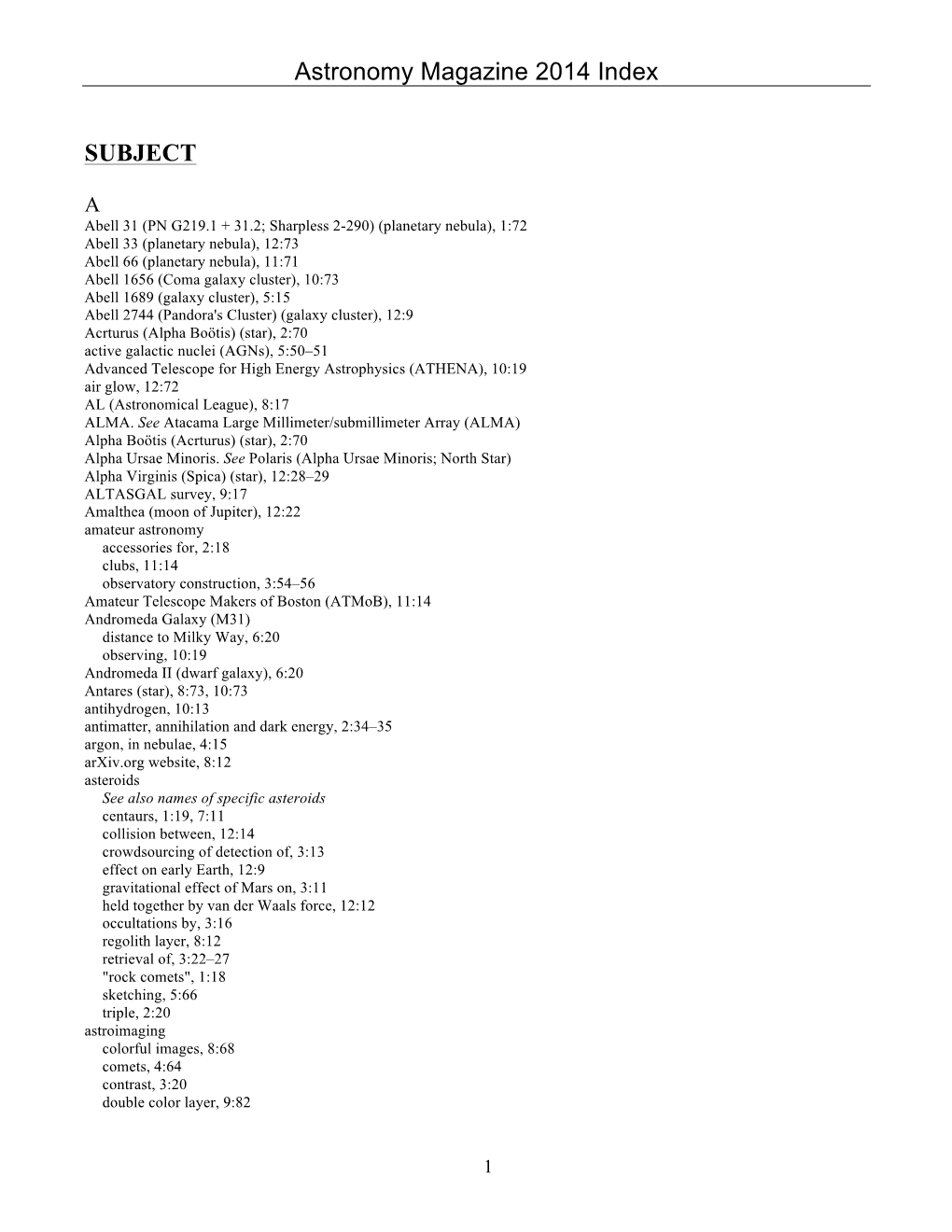 Astronomy Magazine 2014 Index SUBJECT