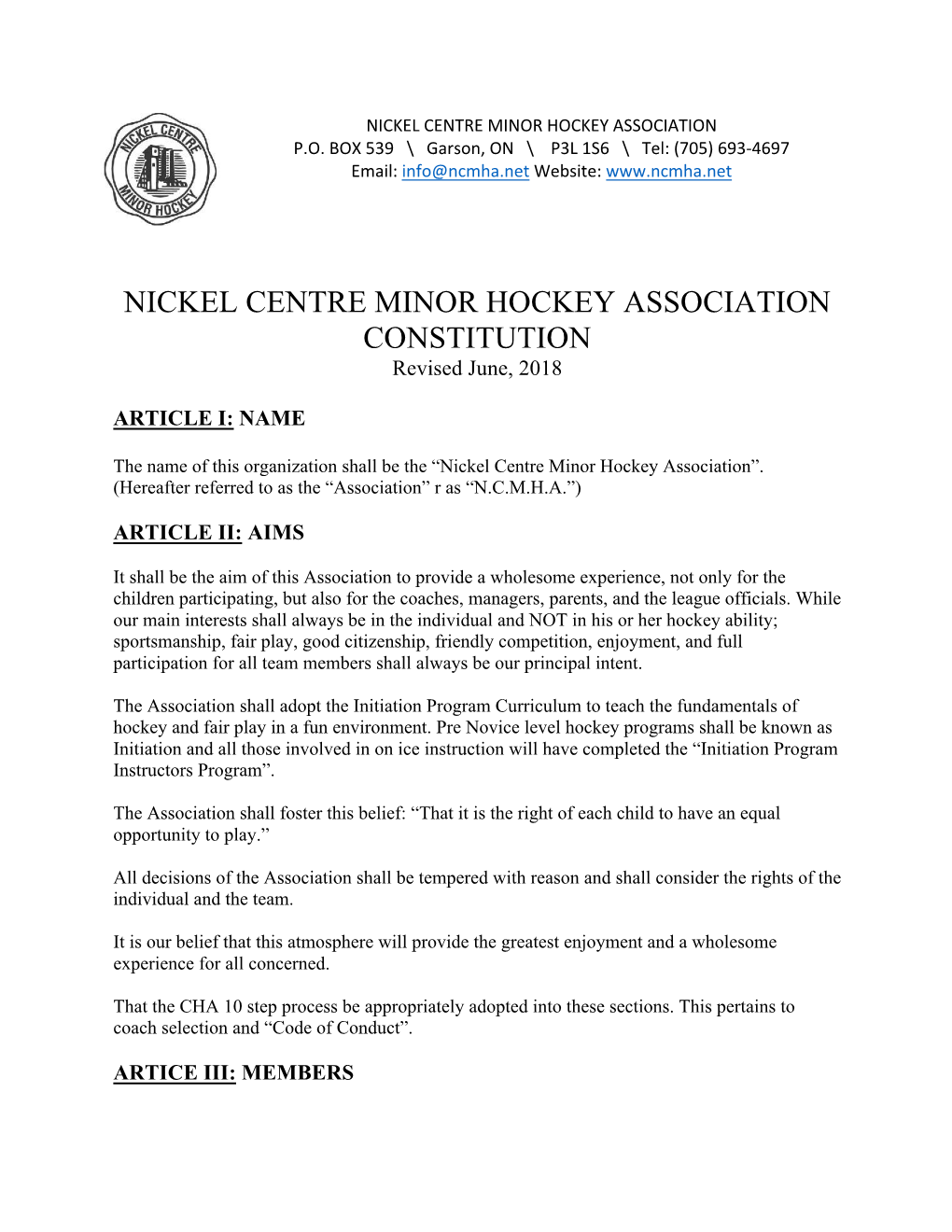 NICKEL CENTRE MINOR HOCKEY ASSOCIATION CONSTITUTION Revised June, 2018