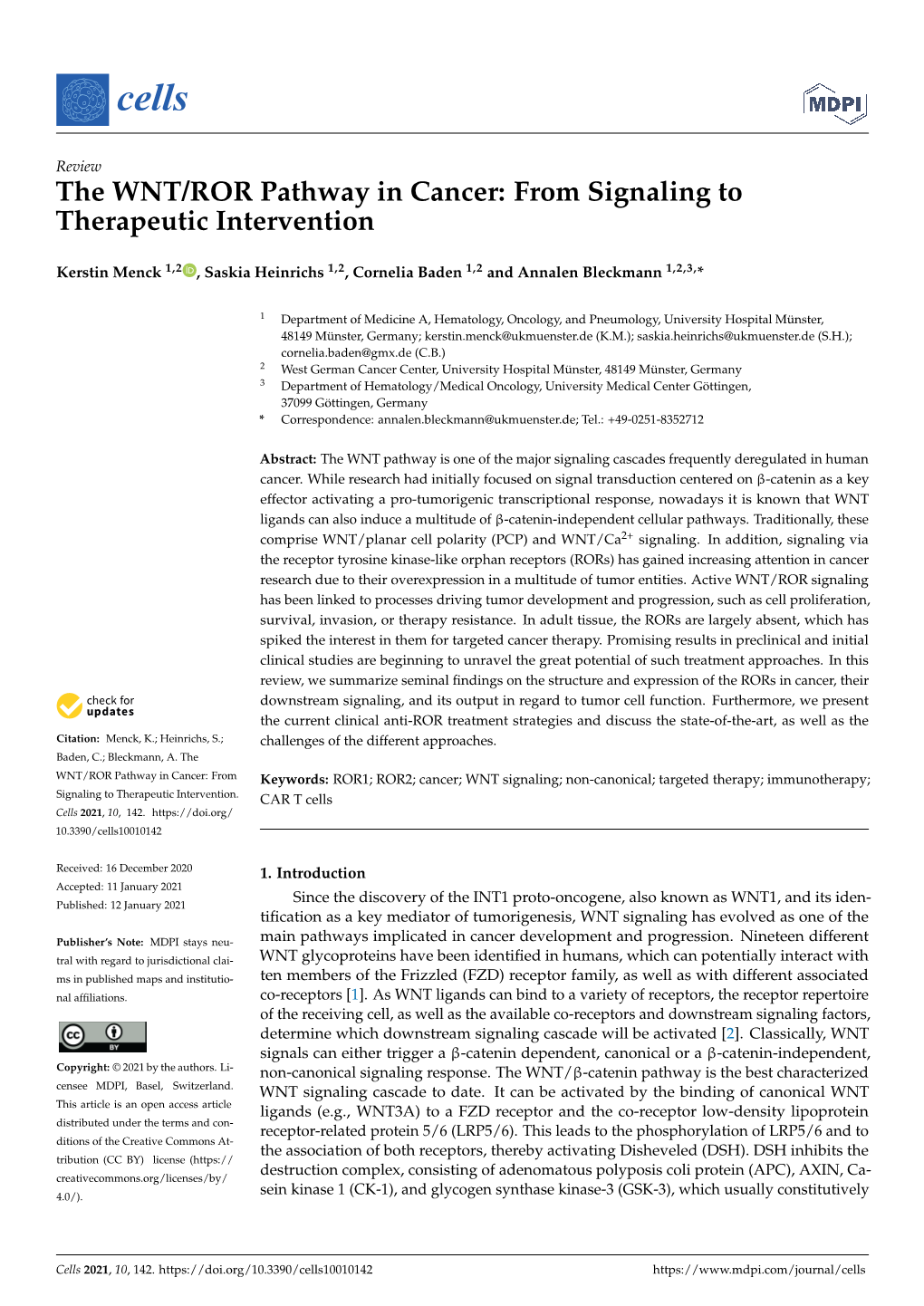 The WNT/ROR Pathway in Cancer: from Signaling to Therapeutic Intervention