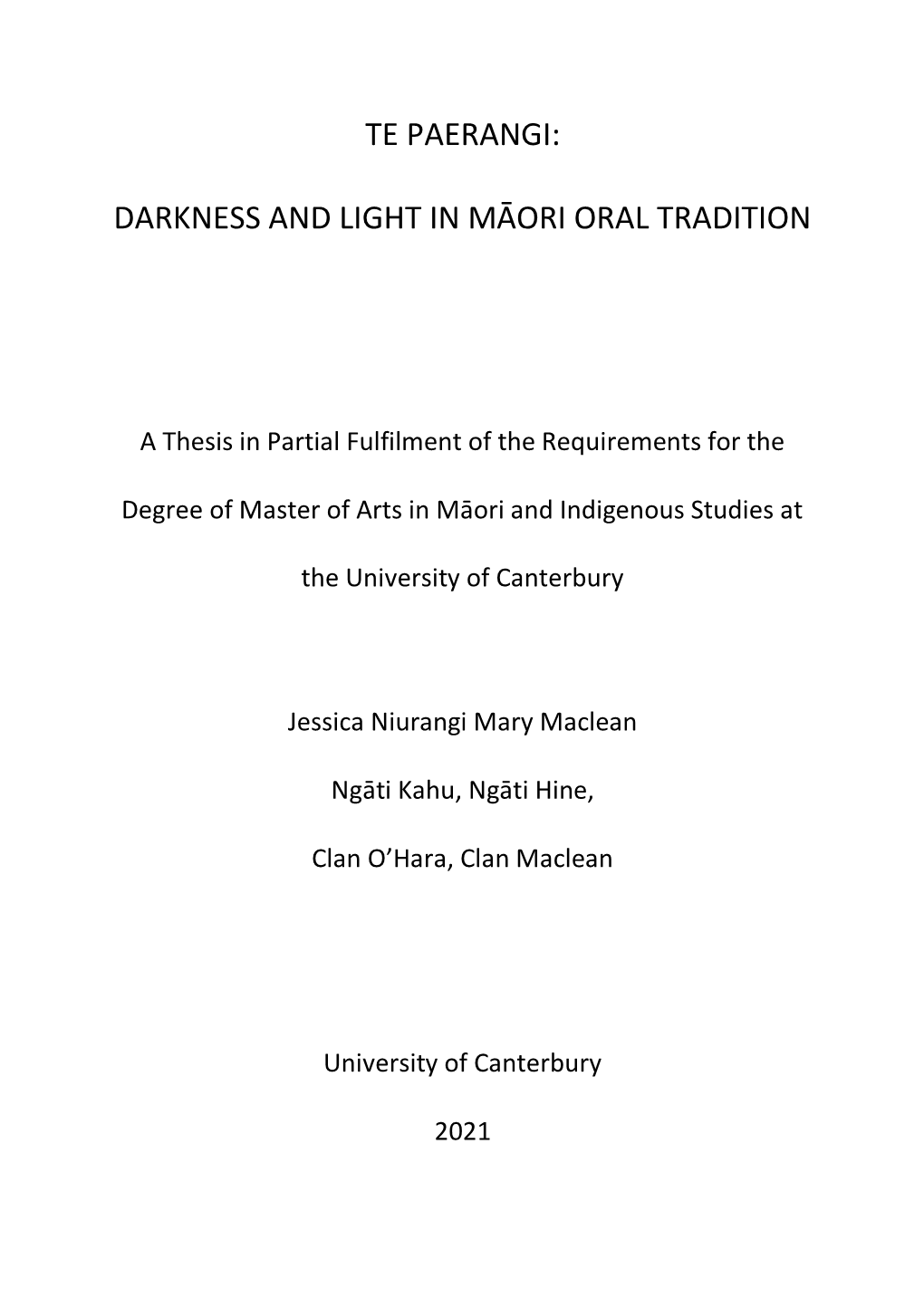 Te Paerangi: Darkness and Light in Māori Oral Tradition