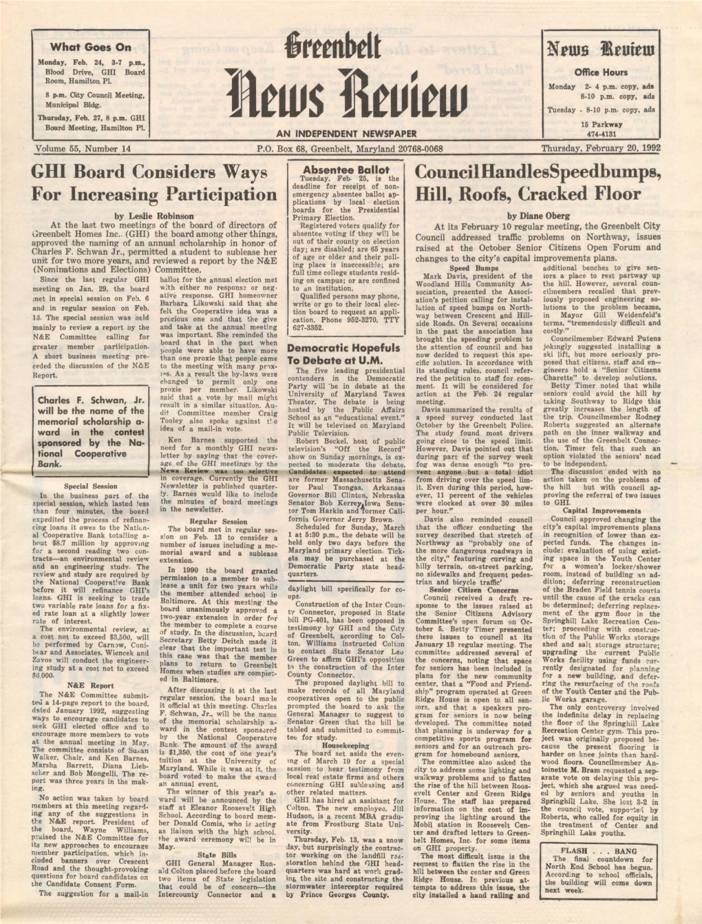 20 February 1992 Greenbelt News Review