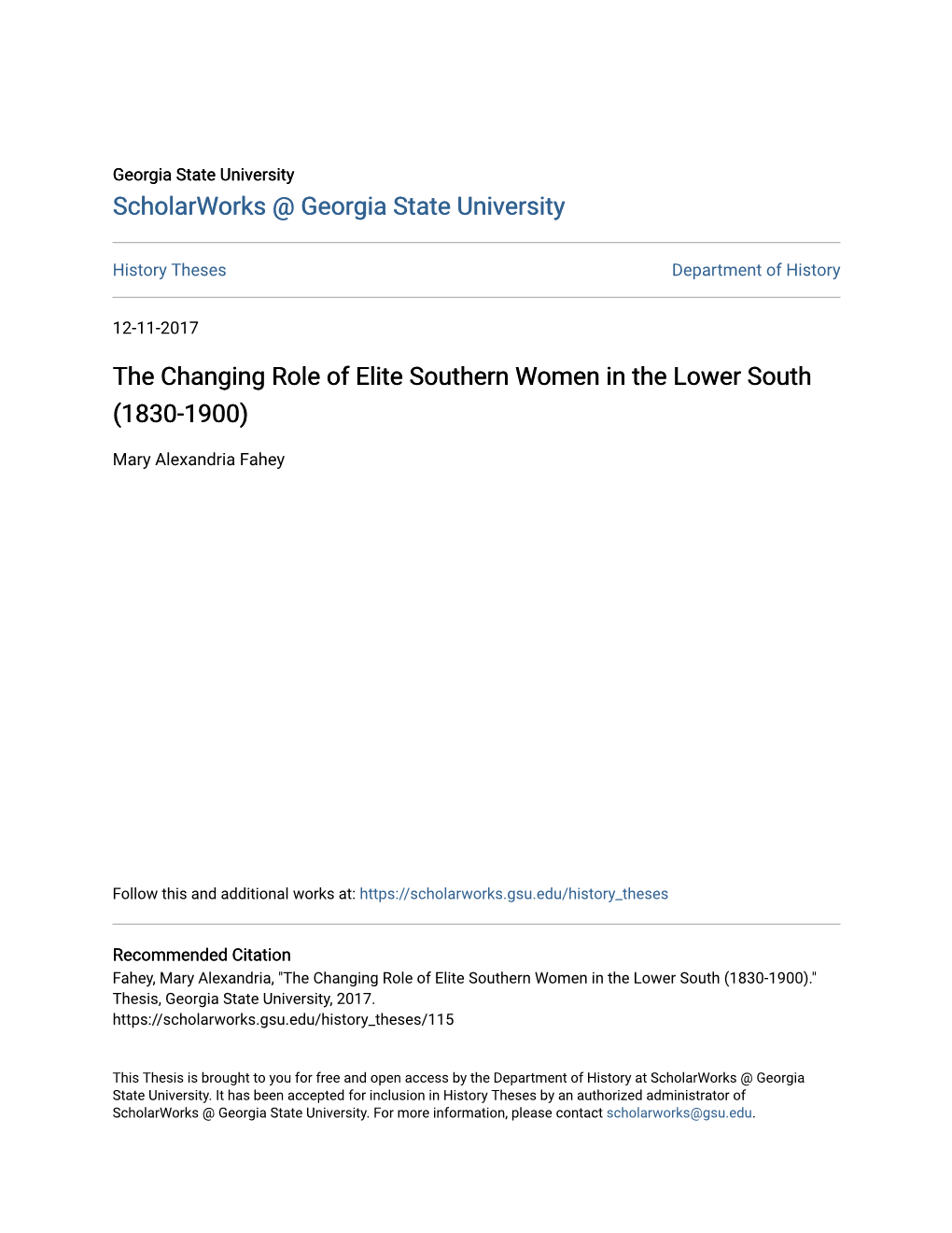 The Changing Role of Elite Southern Women in the Lower South (1830-1900)