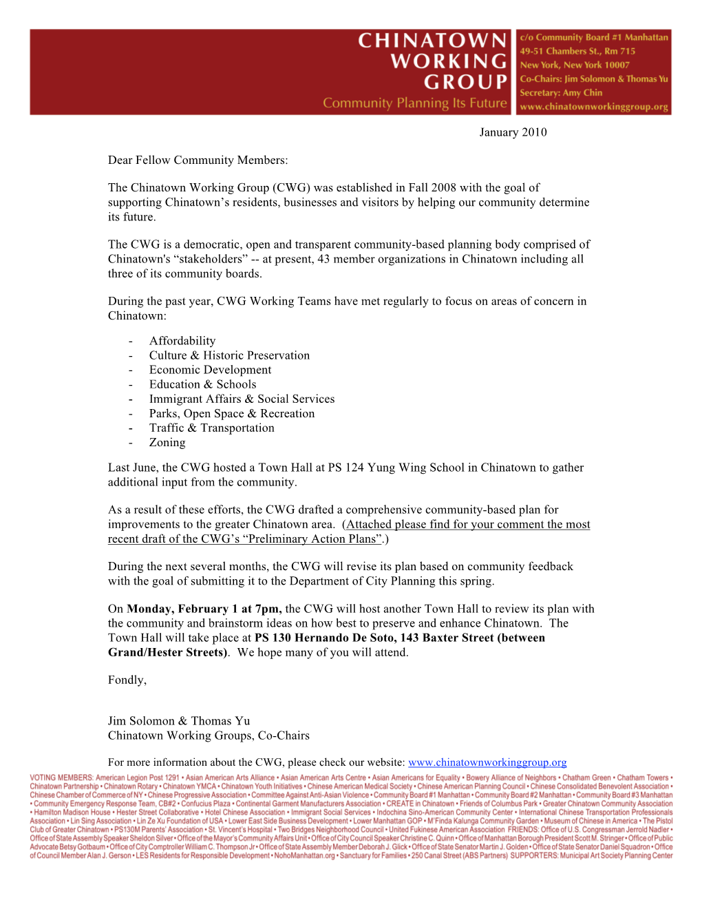 CWG) Was Established in Fall 2008 with the Goal of Supporting Chinatown’S Residents, Businesses and Visitors by Helping Our Community Determine Its Future