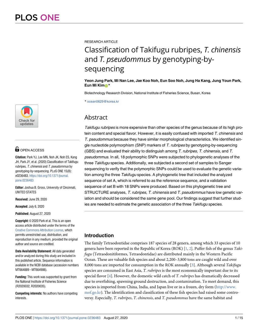 Classification of Takifugu Rubripes, T. Chinensis and T. Pseudommus by Genotyping-By- Sequencing