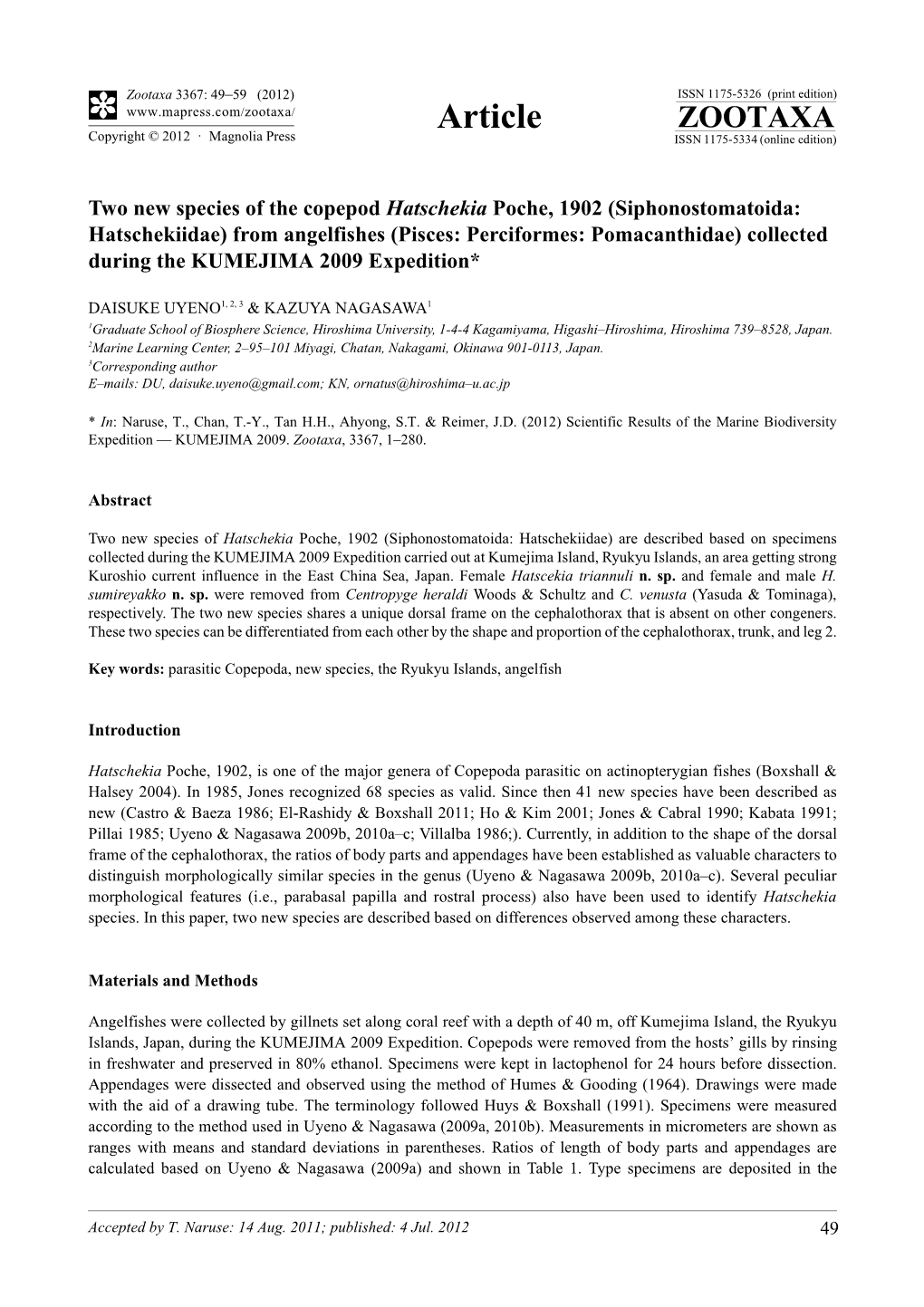 Two New Species of the Copepod Hatschekia