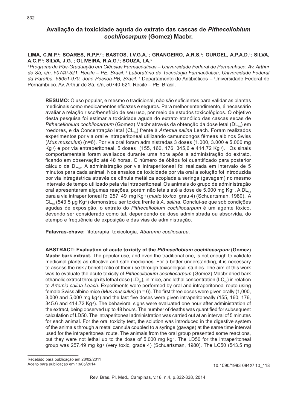 Avaliação Da Toxicidade Aguda Do Extrato Das Cascas De Pithecellobium Cochliocarpum (Gomez) Macbr