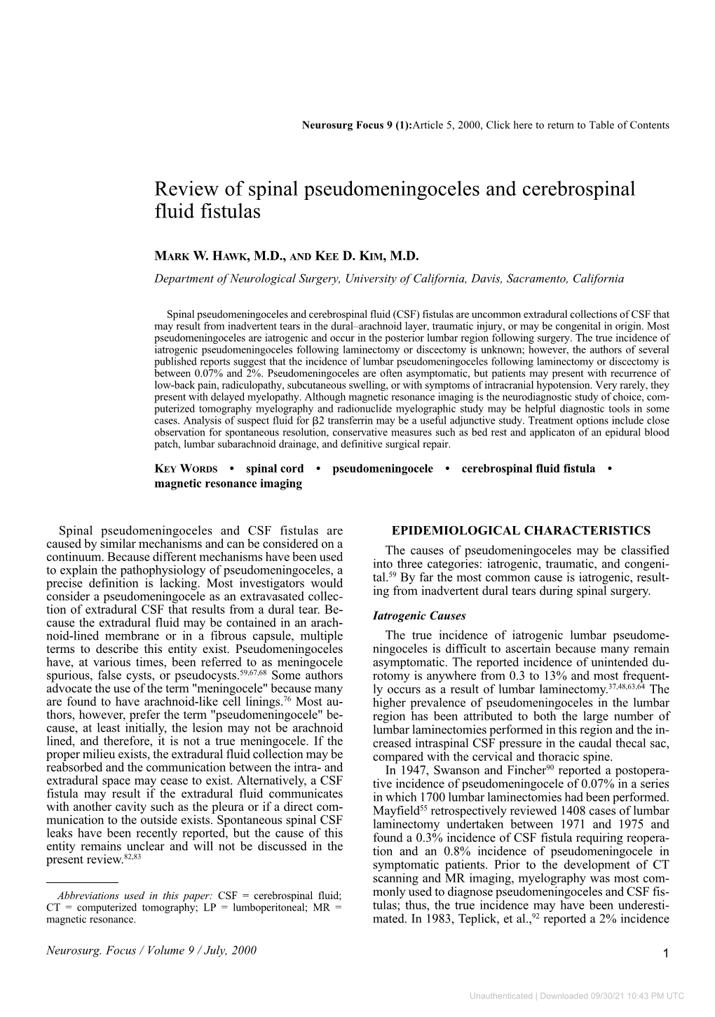 Review of Spinal Pseudomeningoceles and Cerebrospinal Fluid Fistulas