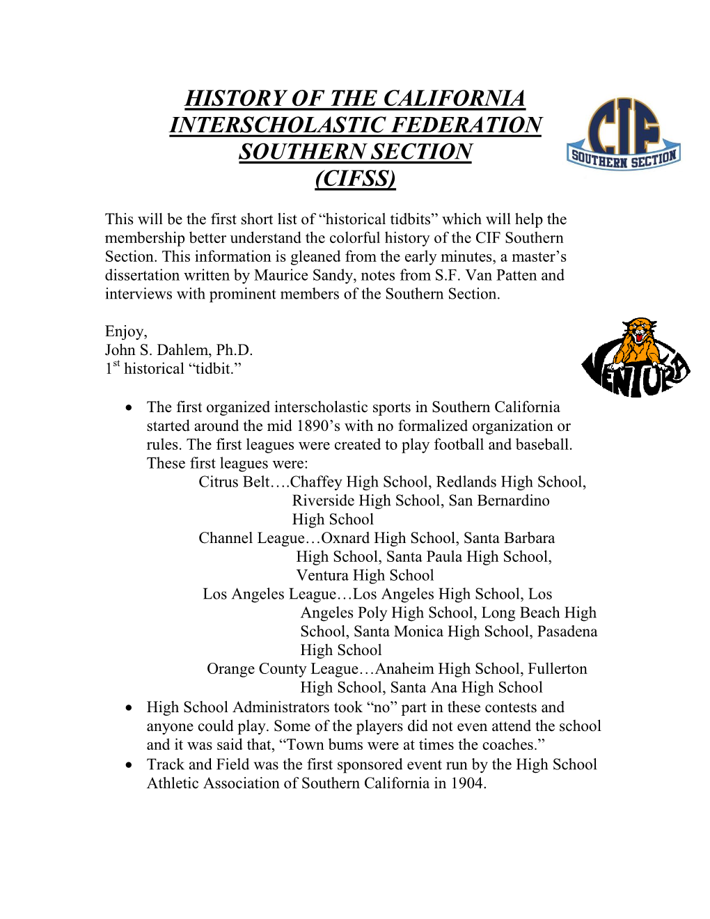 History of the California Interscholastic Federation Southern Section