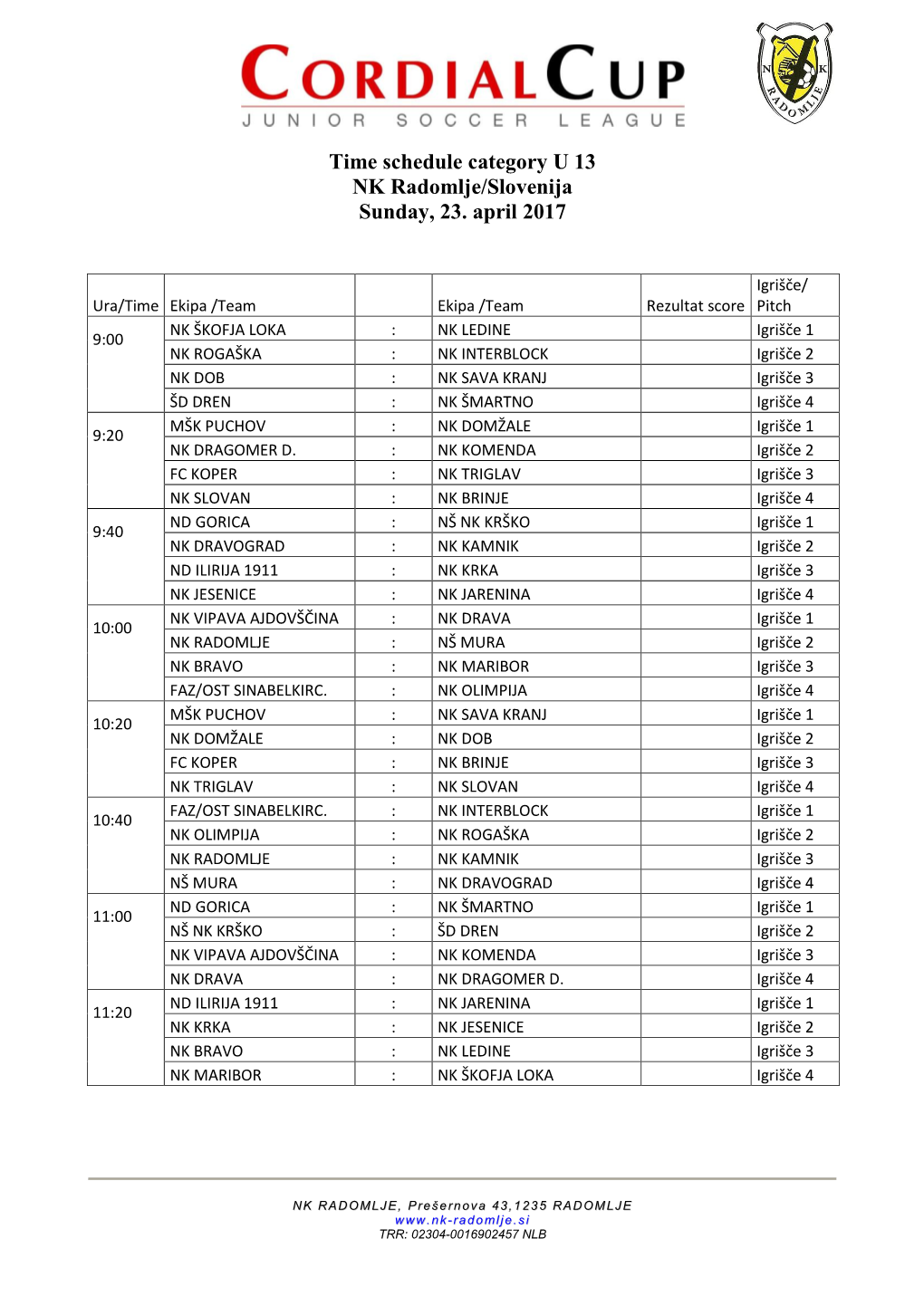 Time Schedule Category U 13 NK Radomlje/Slovenija Sunday, 23