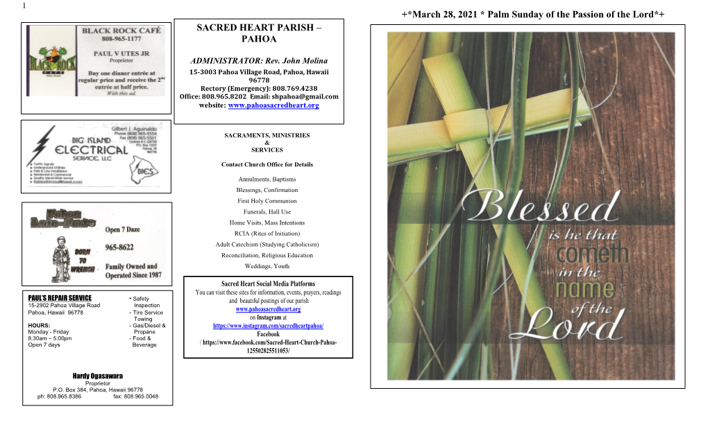 +*March 28, 2021 * Palm Sunday of the Passion of the Lord*+ SACRED HEART PARISH – PAHOA