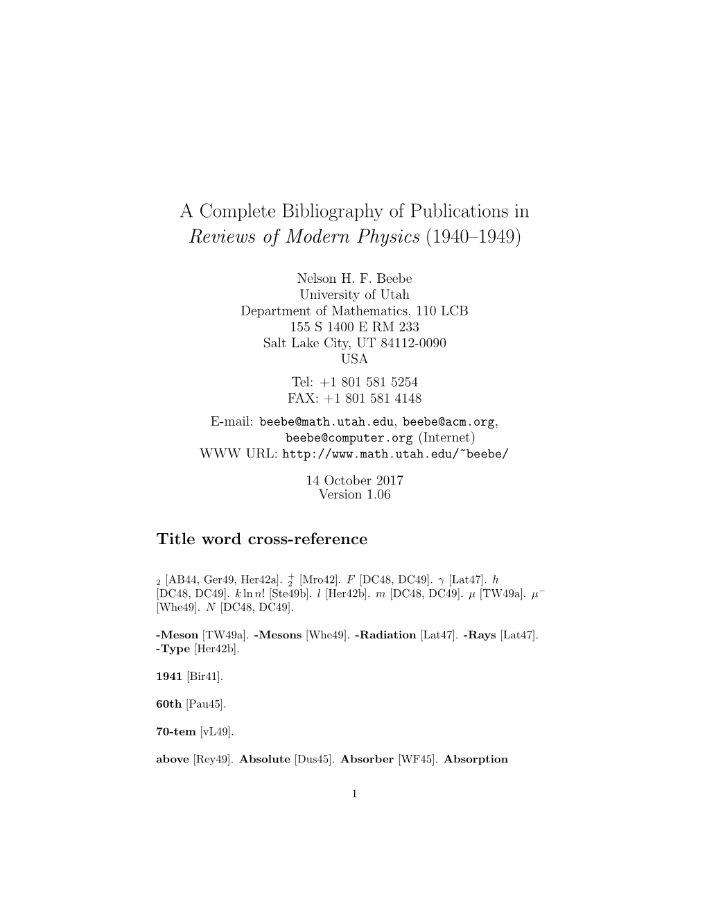 A Complete Bibliography of Publications in Reviews of Modern Physics (1940–1949)