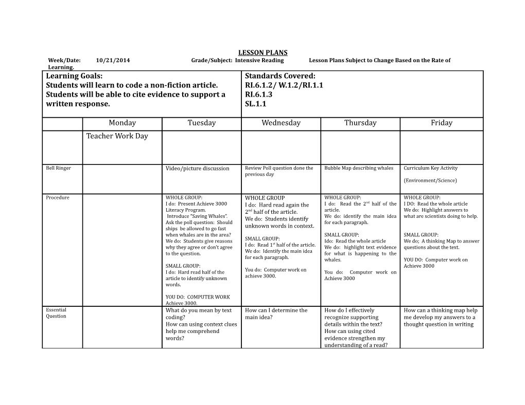 Week/Date: 10/21/2014 Grade/Subject: Intensive Reading Lesson Plans Subject to Change