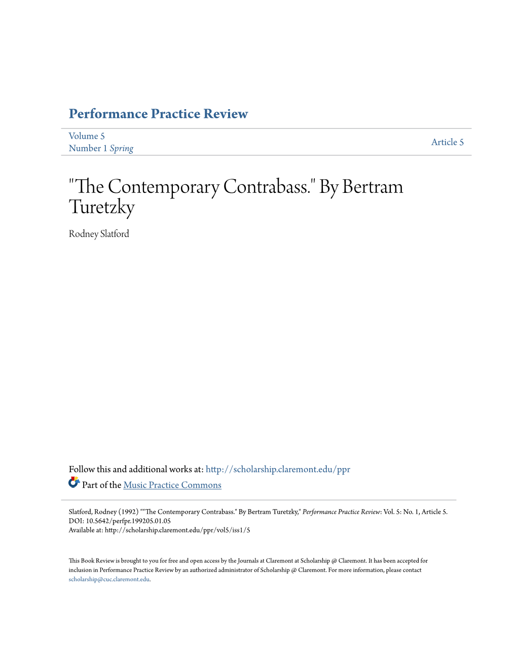 "The Contemporary Contrabass." by Bertram Turetzky