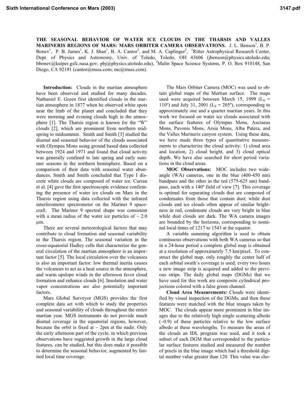 The Seasonal Behavior of Water Ice Clouds in the Tharsis and Valles Marineris Regions of Mars: Mars Orbiter Camera Observations. J