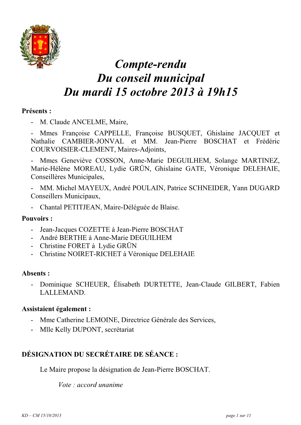 Compte-Rendu Du Conseil Municipal Du Mardi 15 Octobre 2013 À 19H15