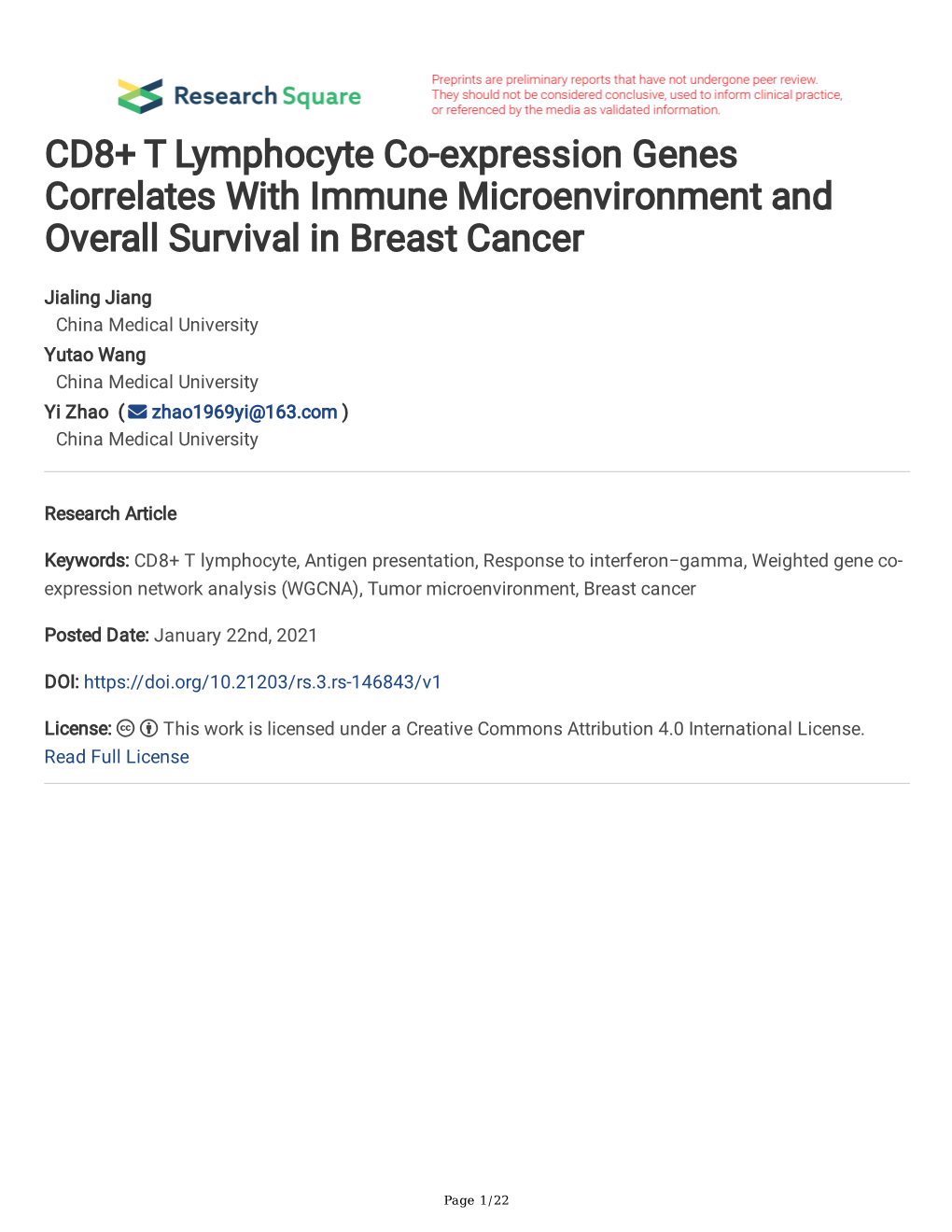 CD8+ T Lymphocyte Co-Expression Genes Correlates with Immune Microenvironment and Overall Survival in Breast Cancer