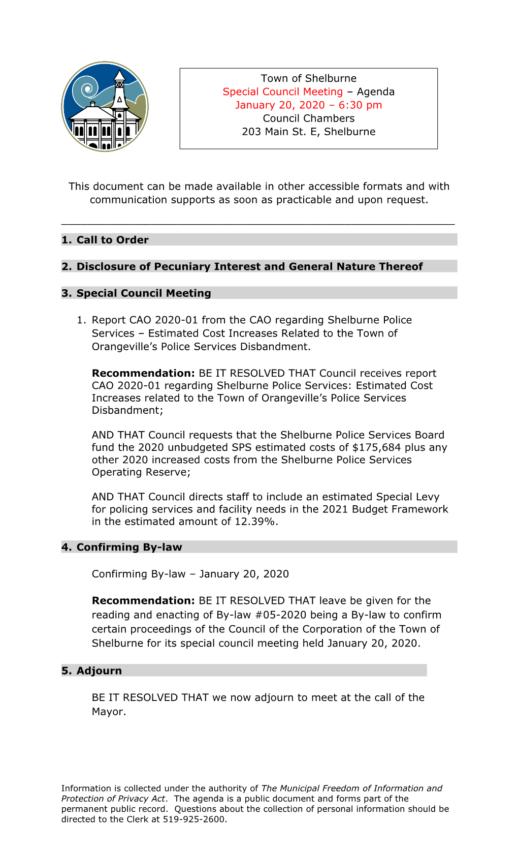 Special Council Meeting – Agenda January 20, 2020 – 6:30 Pm Council Chambers 203 Main St