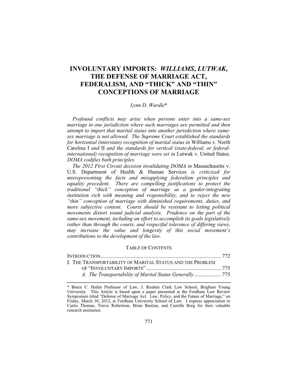 Involuntary Imports: Williams, Lutwak, the Defense of Marriage Act, Federalism, and “Thick” and “Thin” Conceptions of Marriage