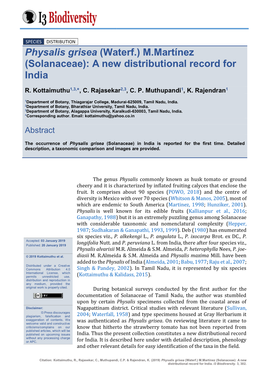 Physalis Grisea (Waterf.) M.Martínez (Solanaceae): a New Distributional Record for India