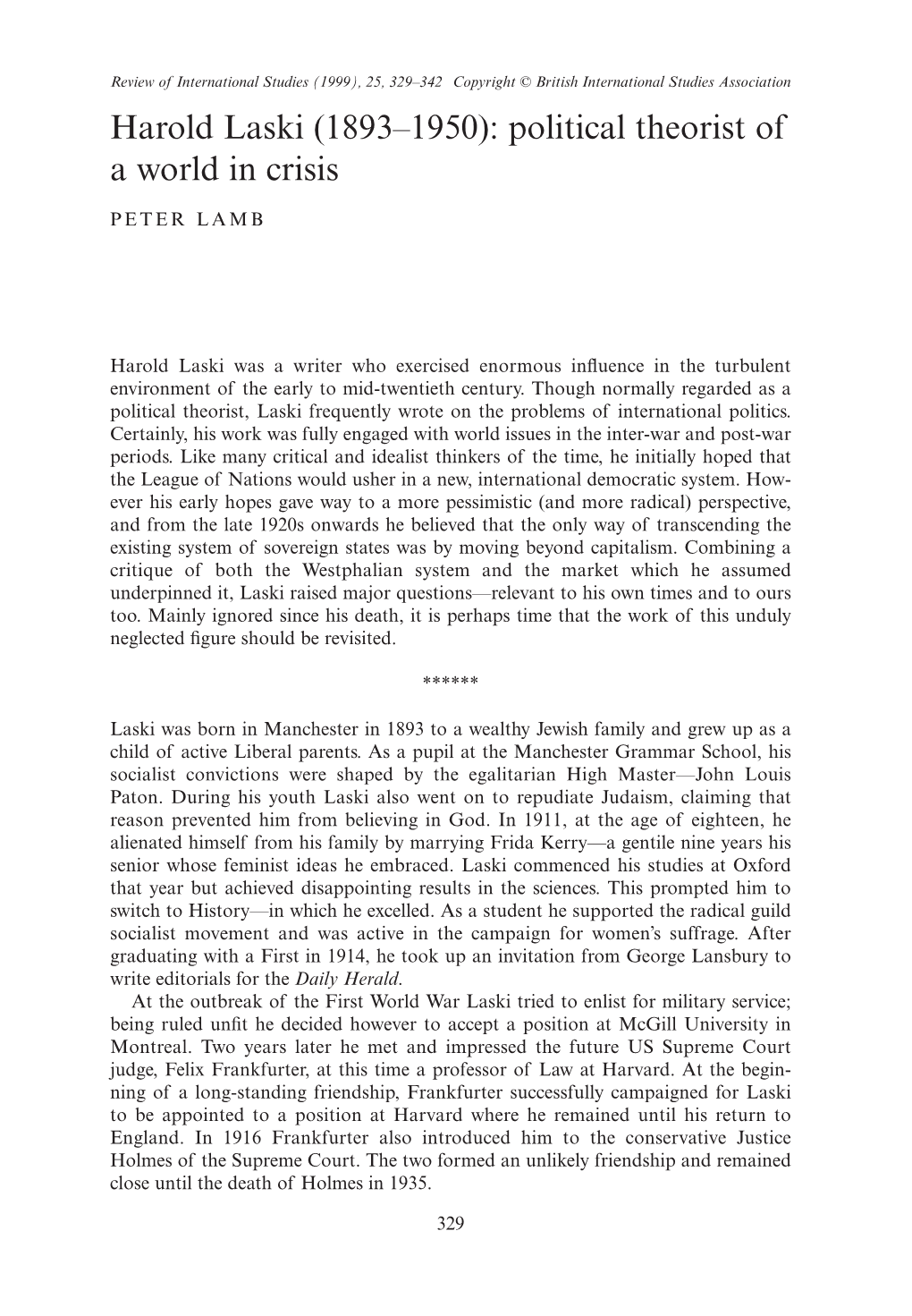 Harold Laski (1893–1950): Political Theorist of a World in Crisis