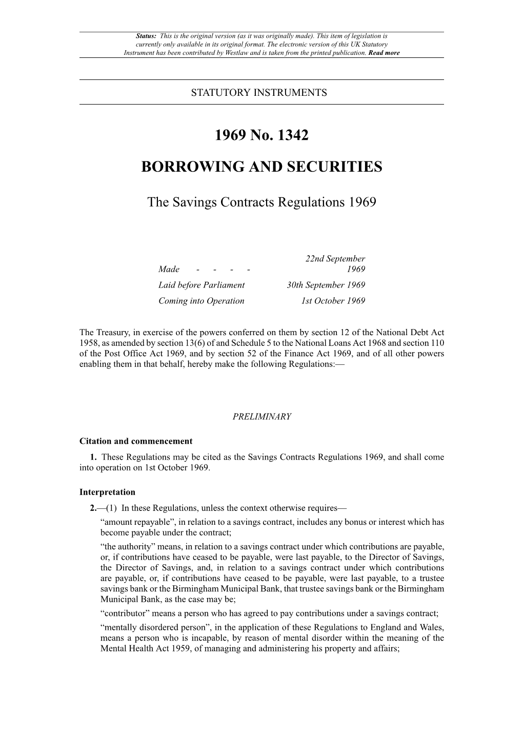 The Savings Contracts Regulations 1969