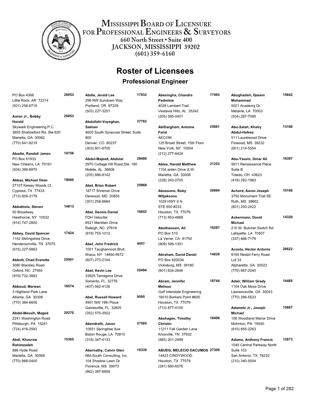 Roster of Licensees Professional Engineer