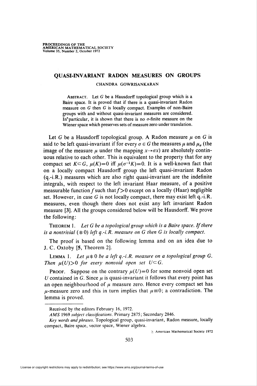 Quasi-Invariant Radon Measures on Groups Chandra Gowrisankaran