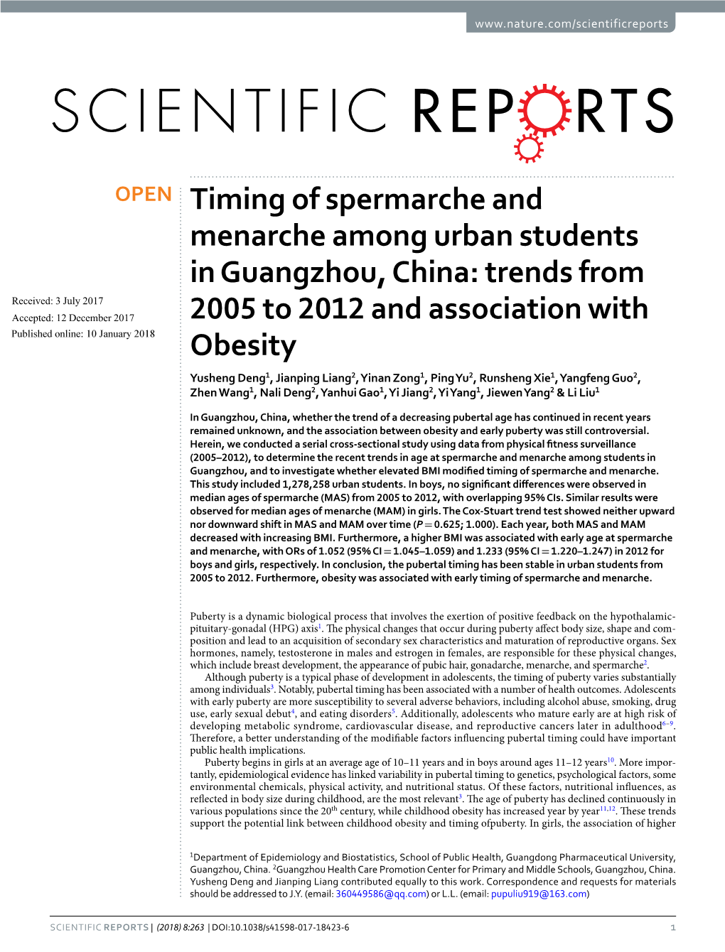 Timing of Spermarche and Menarche Among Urban Students in Guangzhou, China: Trends from 2005 to 2012 and Association with Obesit