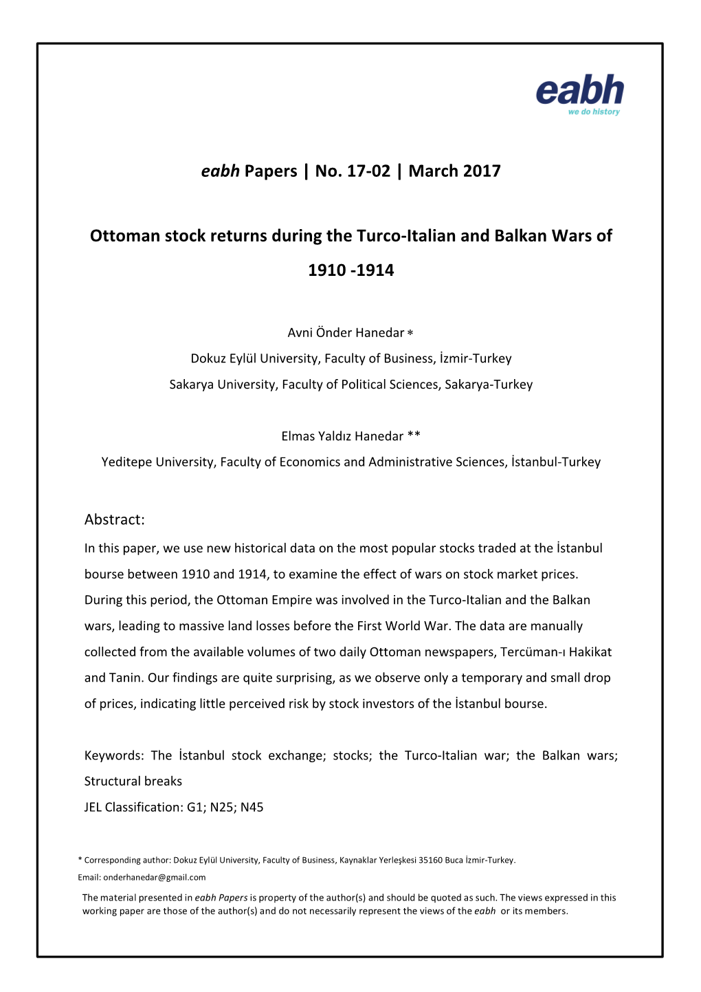 Eabh Papers | No. 17-02 | March 2017 Ottoman Stock Returns During The