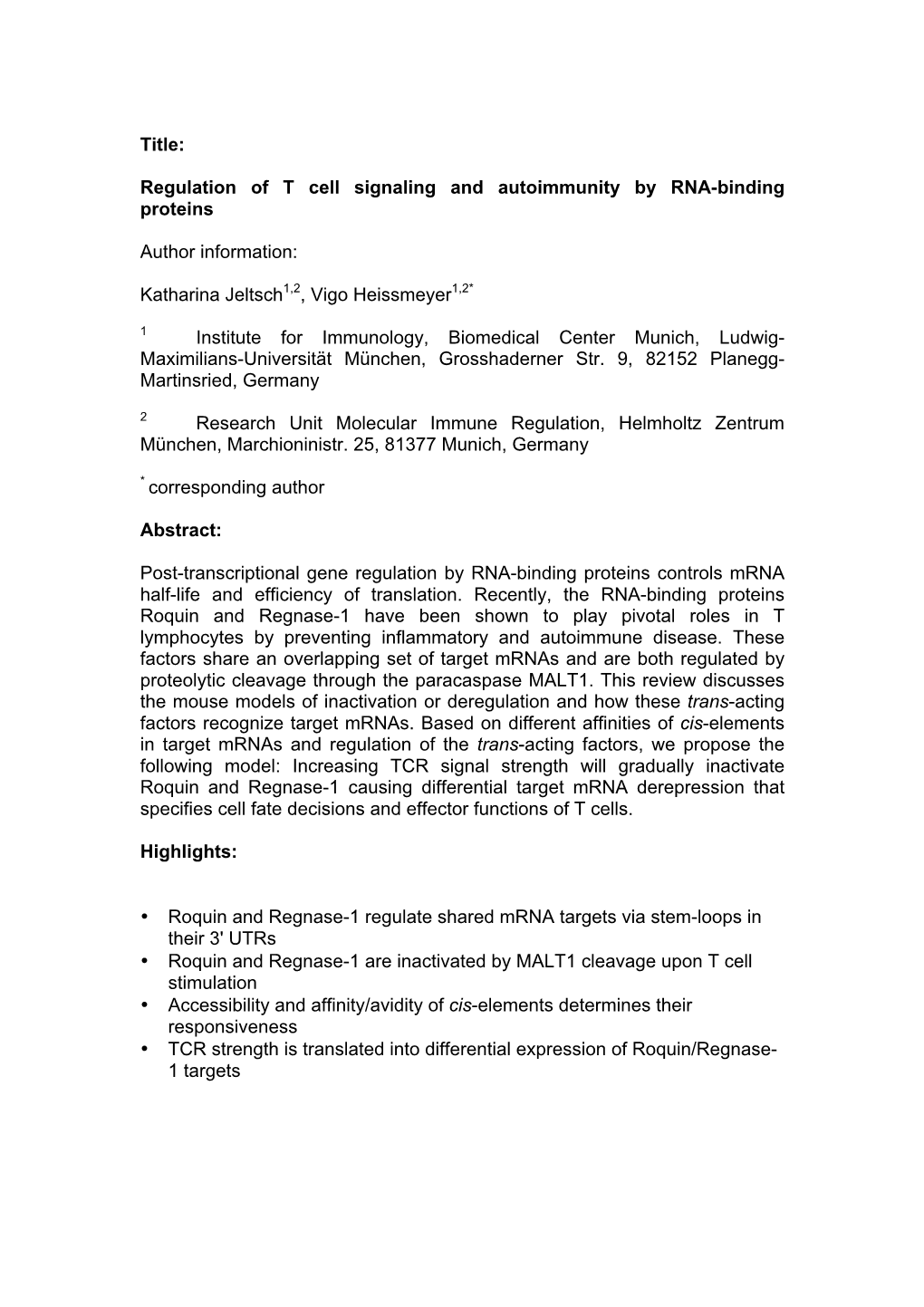 Title: Regulation of T Cell Signaling and Autoimmunity by RNA-Binding