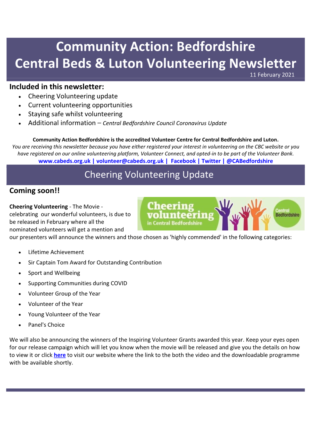 Bedfordshire Central Beds & Luton Volunteering Newsletter