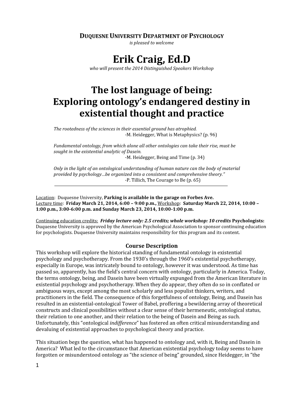 Erik Craig, Ed.D Who Will Present the 2014 Distinguished Speakers Workshop