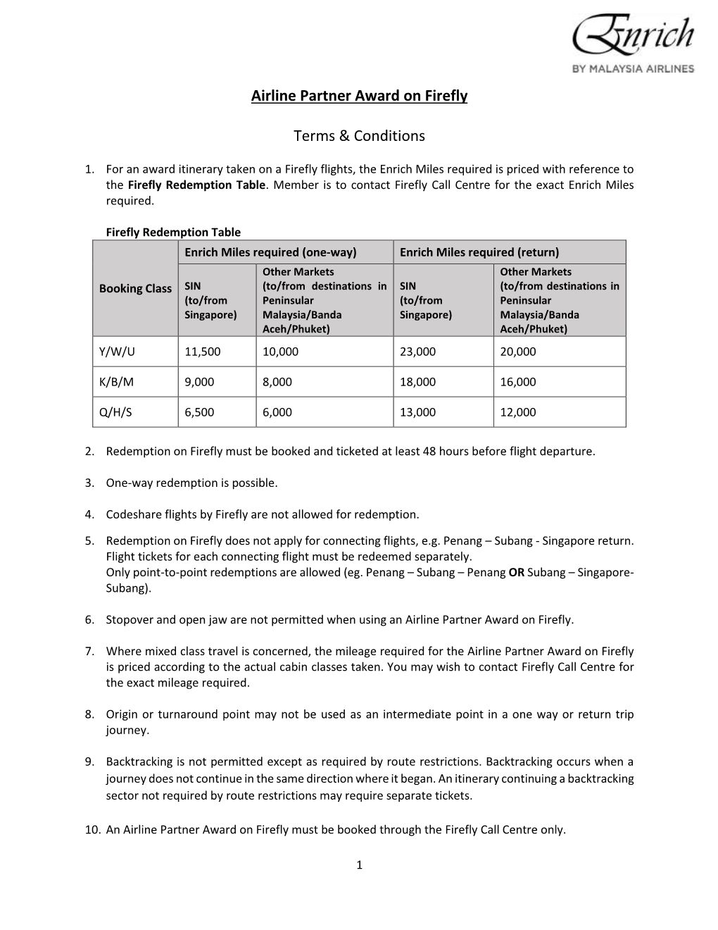 Airline Partner Award on Firefly Terms & Conditions