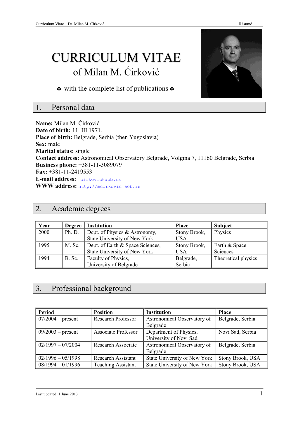 CURRICULUM VITAE of Milan M