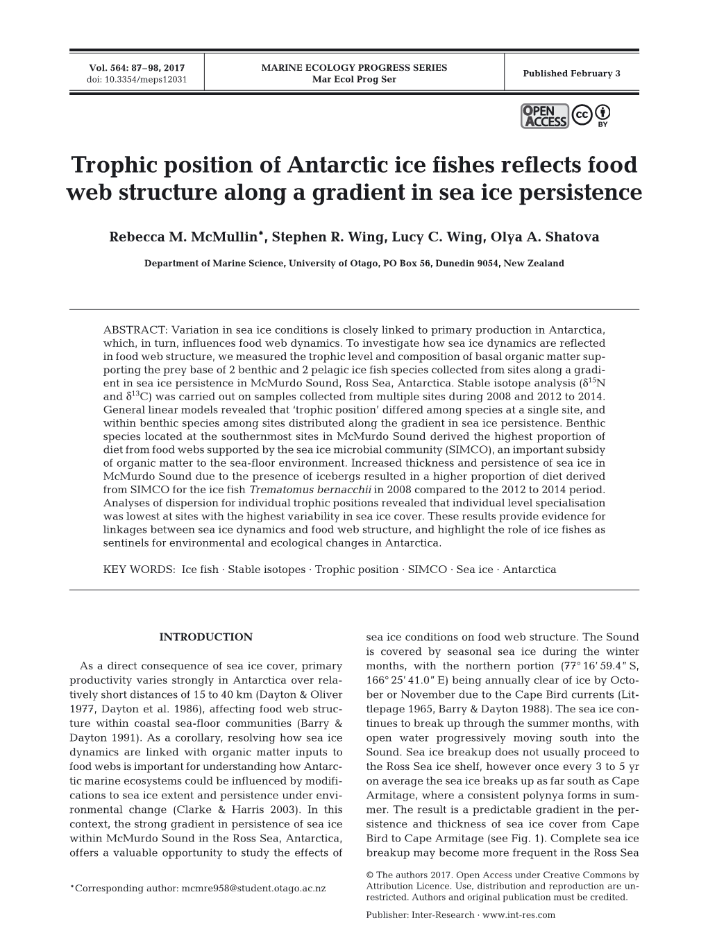 Trophic Position of Antarctic Ice Fishes Reflects Food Web Structure Along a Gradient in Sea Ice Persistence