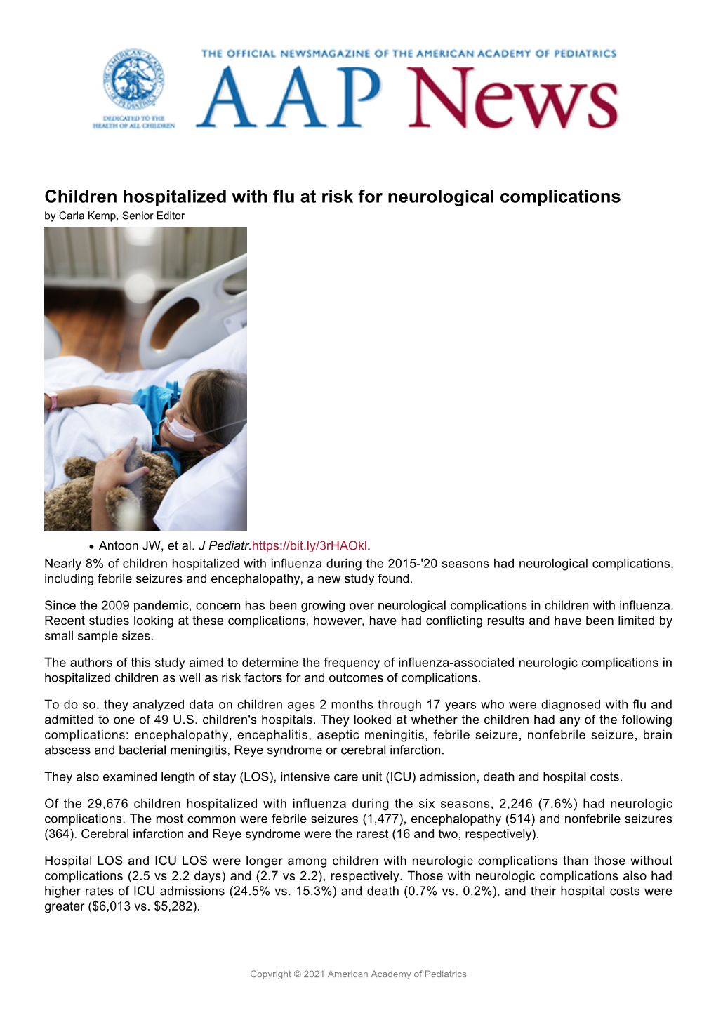 Children Hospitalized with Flu at Risk for Neurological Complications by Carla Kemp, Senior Editor