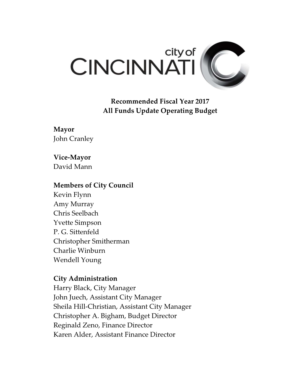 City of Cincinnati Budget Book Update.Book