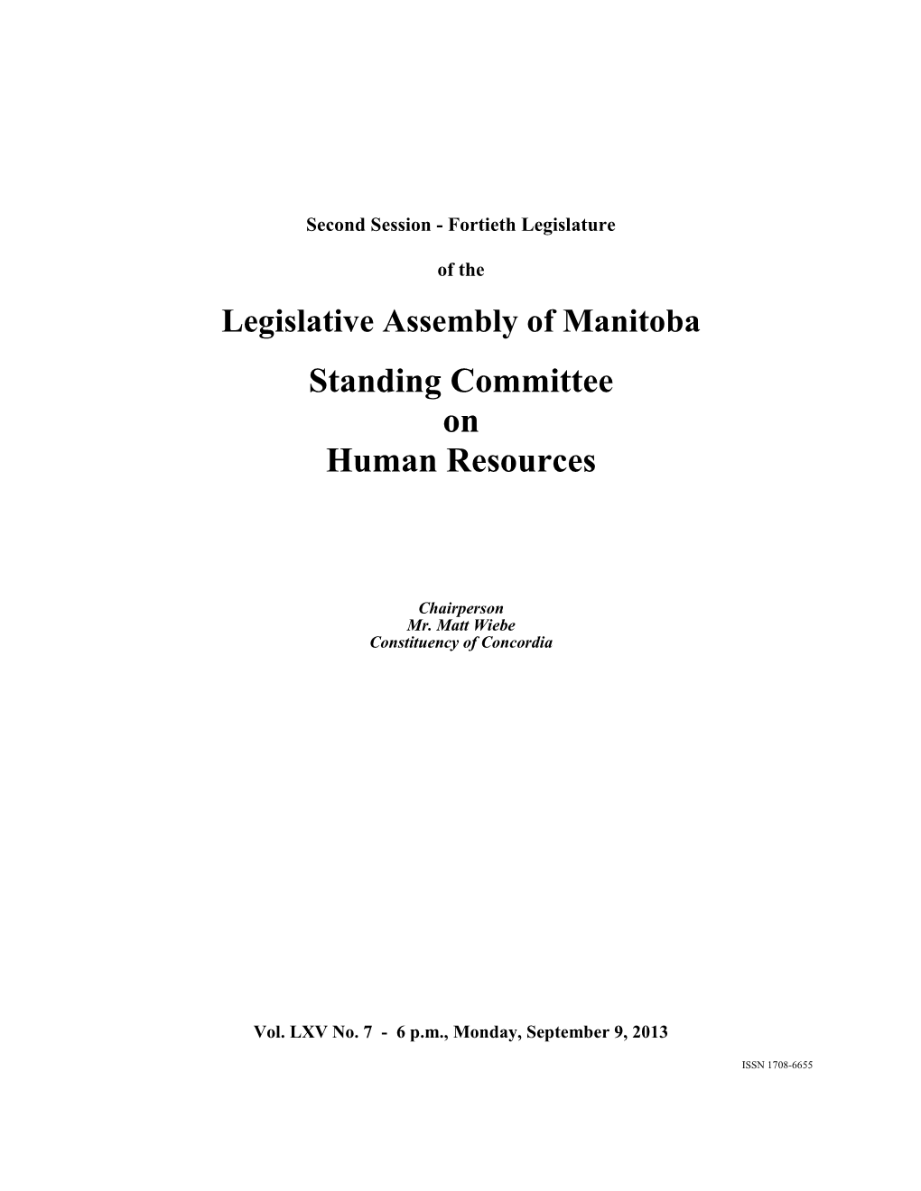 Legislative Assembly of Manitoba Standing Committee on Human