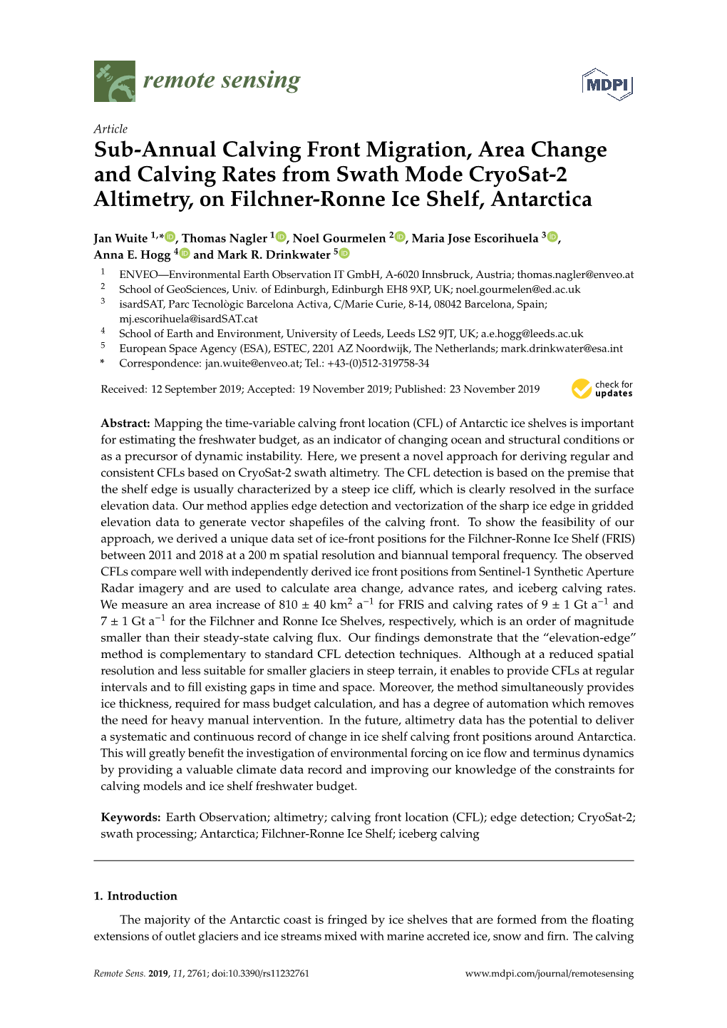 Sub-Annual Calving Front Migration, Area Change and Calving Rates from Swath Mode Cryosat-2 Altimetry, on Filchner-Ronne Ice Shelf, Antarctica