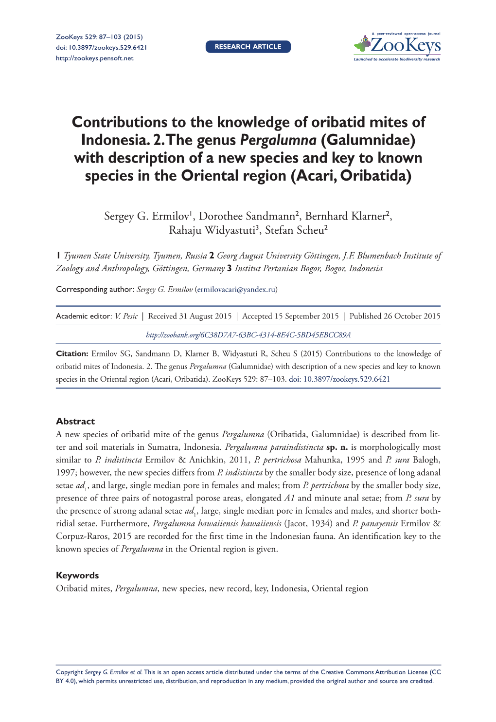 ﻿Contributions to the Knowledge of Oribatid Mites of Indonesia. 2. the Genus Pergalumna (Galumnidae) with Description of A