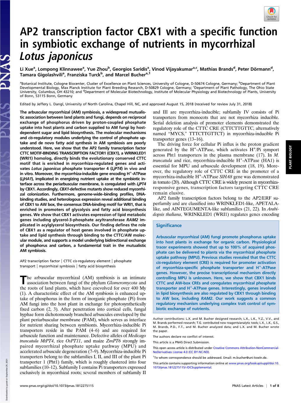 AP2 Transcription Factor CBX1 with a Specific Function in Symbiotic Exchange of Nutrients in Mycorrhizal Lotus Japonicus