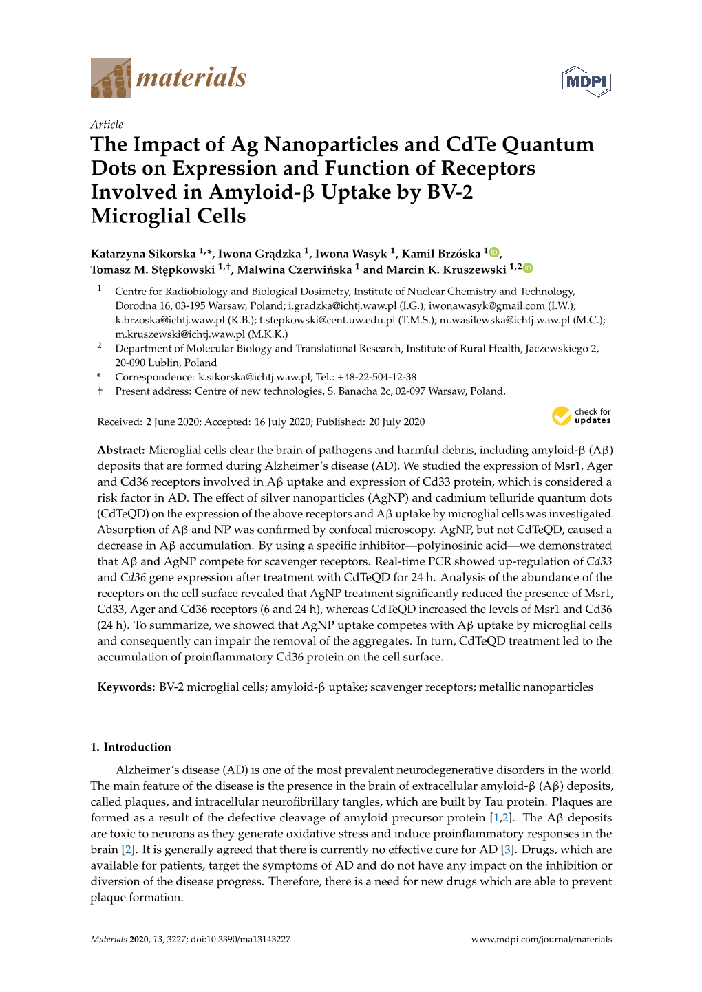 The Impact of Ag Nanoparticles and Cdte Quantum Dots on Expression and Function of Receptors Involved in Amyloid-Β Uptake by BV-2 Microglial Cells
