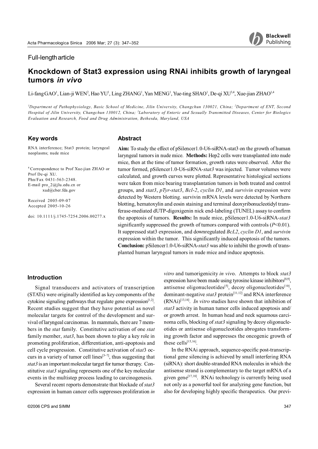 Knockdown of Stat3 Expression Using Rnai Inhibits Growth of Laryngeal Tumors in Vivo