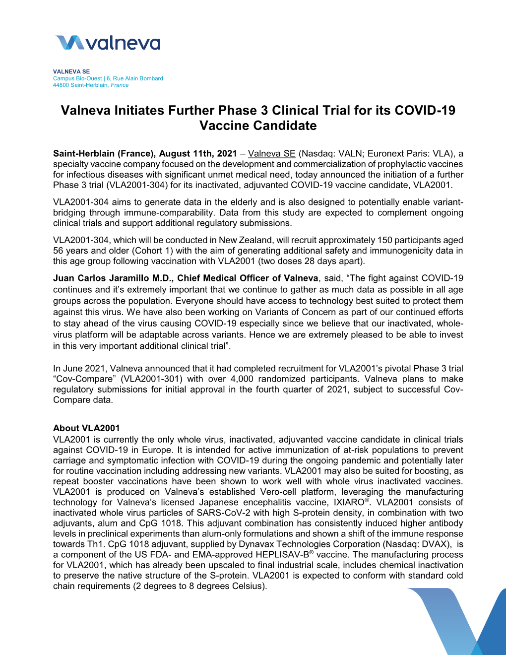 Valneva Initiates Further Phase 3 Clinical Trial for Its COVID-19 Vaccine Candidate