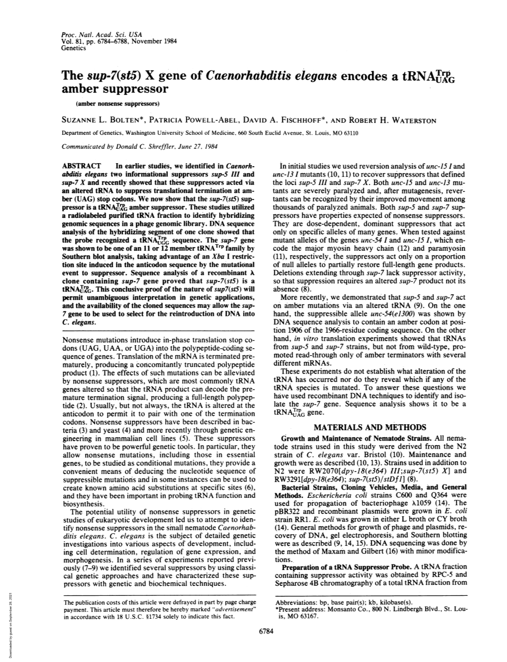 The Sup-7(St5) X Gene of Caenorhabditis Elegans Encodes a Trnau% Amber Suppressor (Amber Nonsense Suppressors) SUZANNE L